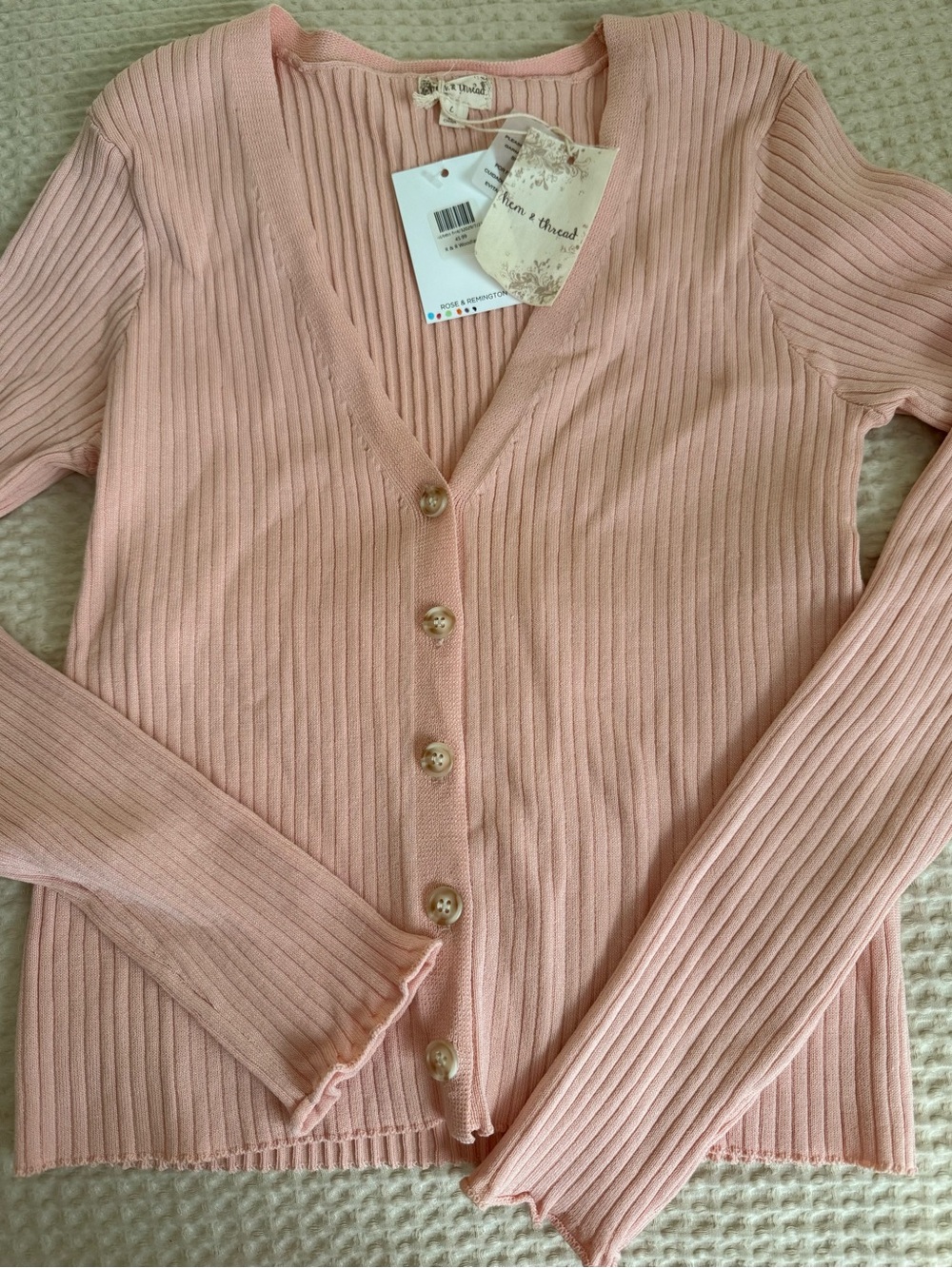 Hem & Thread Blush Ribbed Button-Front Cardigan